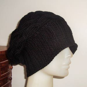 Black, wool hat women extra large hand knitted cable knit winter hat image 4