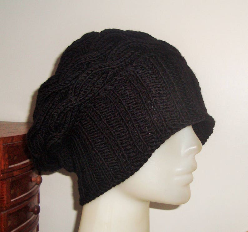 Black, wool hat women extra large hand knitted cable knit winter hat image 4