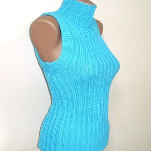 Womens Men Sleeveless Mocneck tops Blouse sweater with Ribbed Rib Knit hand Knitted in turquoise cyan blue highneck for summer sweater