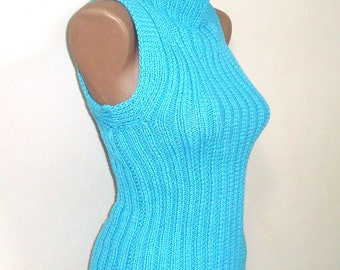 Women&#39;s Men Sleeveless Mocneck tops Blouse sweater with Ribbed Rib Knit hand Knitted in turquoise cyan blue highneck for summer sweater