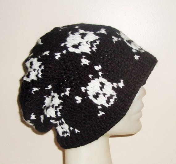 Black hat with white skull knit hat cross for men or women Etsy