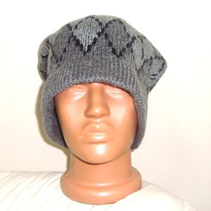 Hand Knit Slouchy Beanie: Argyle Hat, Gray Black Wool Blend Winter Outfit image 3