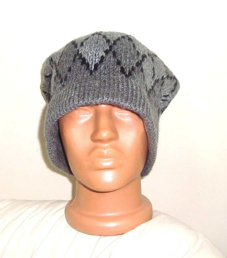 Hand Knit Slouchy Beanie: Argyle Hat, Gray Black Wool Blend Winter Outfit image 3