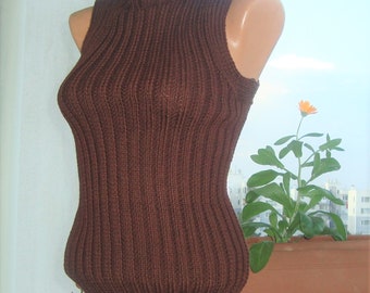 Brown Turtleneck Sleeveless Sweater Women mens ribbed t shirt blouse tank tube tops with Rib Knit hand Knitted mock neck for summer