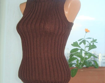 Hand Knit Ribbed Turtleneck Tank Top: Brown Sleeveless Blouse