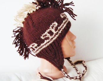 Hand Knit Hat Teen Mens Hat Mohawk Hat with Earflap in Brown Beige  - WINTER SALE