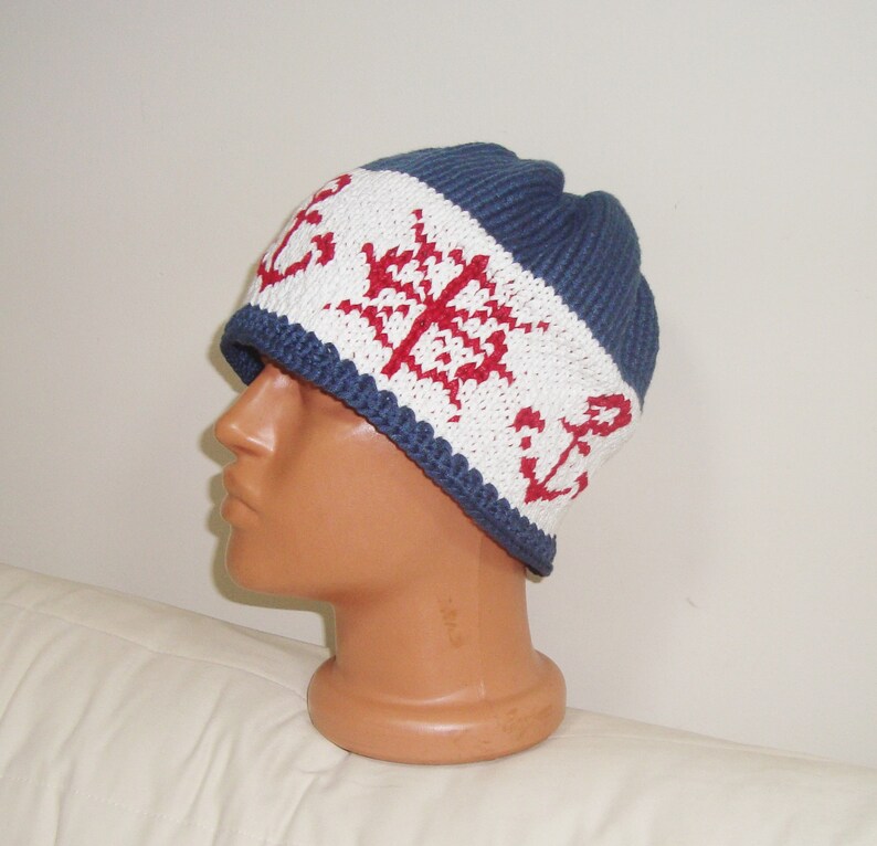 Hats Nautical Sailor Anchor Beanie Hat Summer Hand Knit Beret Etsy