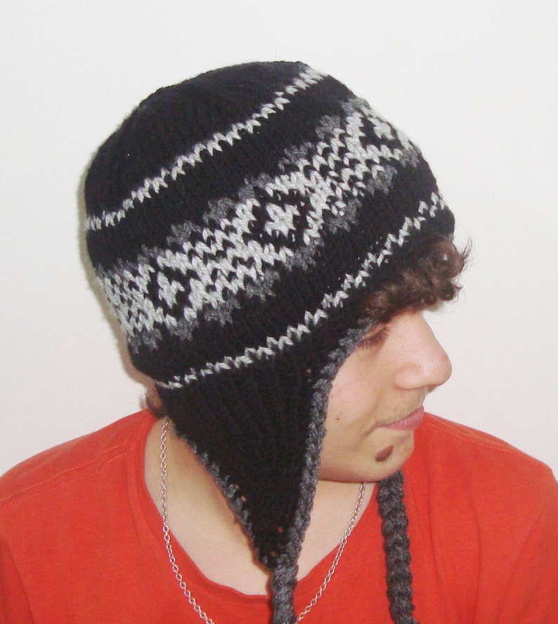 Wool Men's Hats winter Mens Hats with Ear Flaps in black, grey hand Knitted Hats, Men gifts for Him image 4
