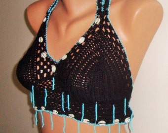 festival clothing women crochet tops black with small turquoise beads fringe and cowrie sea shells - gift for women - ready to ship