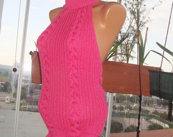 hand knit sweater women's Backless dress Blouse Tunic women Turtleneck Open back Rib Knitted in fuchsia pink virgin killer Thin microfiber