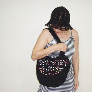 Hand Knit Black Crochet Tote Bag: Summer Beach Purse