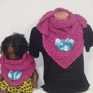 Mom and Daughter Scarf Shawl Magenta Matching Set of 2 with Blue Butterfly Pin Mommy Me gift triangle hand knit pink purple shawls image 1