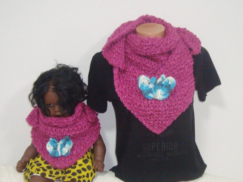 Mom and Daughter Scarf Shawl Magenta Matching Set of 2 with Blue Butterfly Pin Mommy Me gift triangle hand knit pink purple shawls image 1