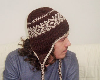 Hand Knitted Wool Men's Hat with Ear Flaps: Brown & Beige Winter Hat