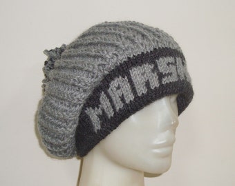 Personalized Christmas gifts for her personalize hand knit slouchy beanie winter gray with black name or the word or date custom gift