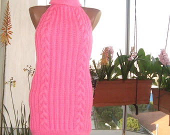 hand knit sweater women's Backless dress Blouse Tunic women Turtleneck Open back Rib Knitted in pink virgin killer viscon polyester & woolly