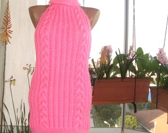 Hand stricken Pullover Kleid Rollkragen rückenfrei : Rosa Gerippte Tunika Frauen Jungfrau-Killer Tötung Dicke