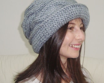 Gorros femininos de inverno tricotados à mão: com aba, estilo cloche, cinza, mistura de lã, presente para ela.