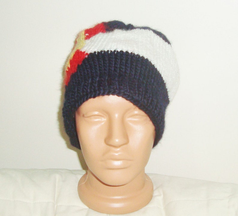 Colorado Flag Beanie Hat Hand Knit Winter in Blue Red white Yellow for mens or womens gifts knitted