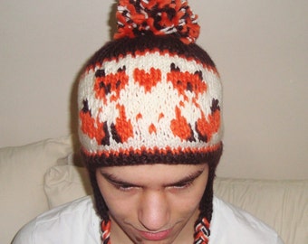 Fox Lover Gift For Women Men Winter Animal Hat Adult Hand Knit Knitted in Brown with Orange Fox Gifts