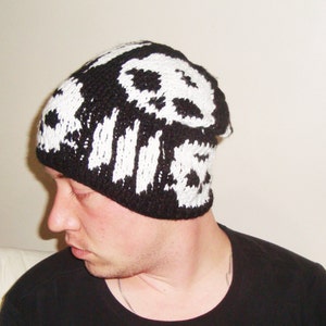 Hand Knit Skull Beanie: Black & White Acrylic Hat