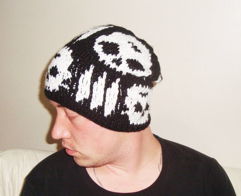 Hand Knit Skull Hat Beanie Black with white skull gifts for men skull accessories image 1