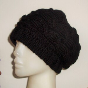 Black, wool hat women extra large hand knitted cable knit winter hat image 5