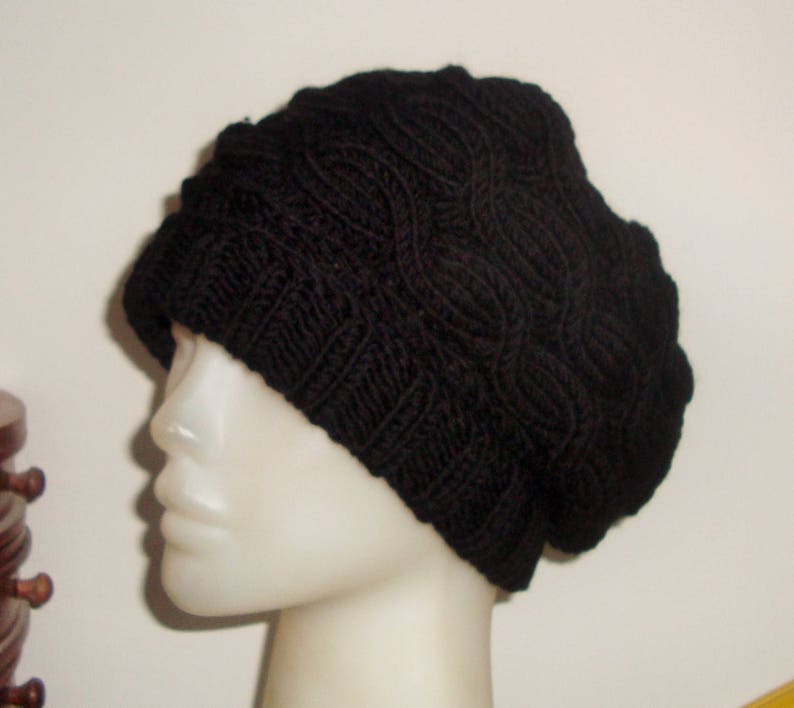 Black, wool hat women extra large hand knitted cable knit winter hat image 5