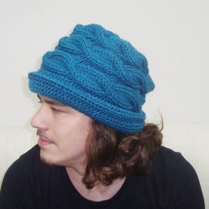 Bige Men's Hats winter Mens Hats with Brim in ecru beige hand Knitted Hats, Men gifts for Him Teal