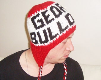 Hand Knitted Personalized Winter Hat with Ear Flaps Georgia Bulldogs Personalize Gift for Men Women Him Her