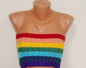 Rainbow striped crop top tube tops & skirt set festival outfit summer women hand knit rib ribbed purple, navy, blue, green yellow orange red