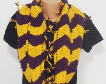 PURPLE and GOLD CHEVRON Scarf, Hand Knit Scarf for Womens Men in purple yellow infinity cowl winter Scarves chevron knitted gifts