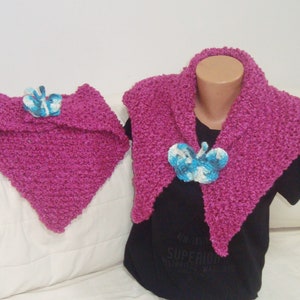 Mom and Daughter Scarf Shawl Magenta Matching Set of 2 with Blue Butterfly Pin Mommy Me gift triangle hand knit pink purple shawls image 7