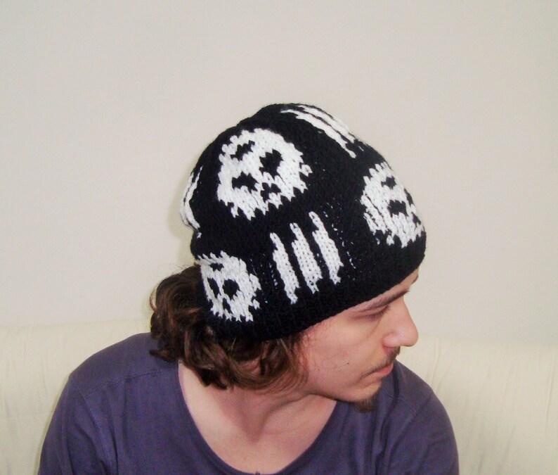 hand Knit skull Hats, skull gifts for Womens, Men, Hers Him, skull gifts Boyfriend, Beanies for Men, Beanie women, black Hats women, Men's image 6