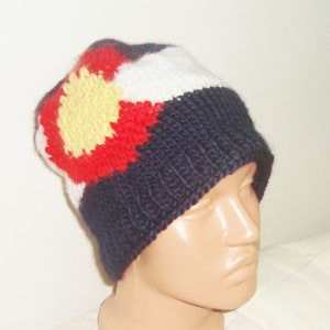 Hand Knit Colorado Flag Beanie: Acrylic Wool Blend Winter Hat