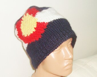 Hand Knit Colorado Flag Beanie: Acrylic Wool Blend Winter Hat