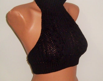 hand Knit open back highneck mockneck crop tops Crop sweater tops in black Knitted Backless openback