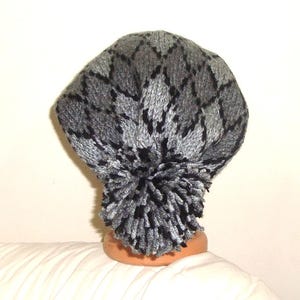 Hand Knit Slouchy Beanie: Argyle Hat, Gray Black Wool Blend Winter Outfit image 4