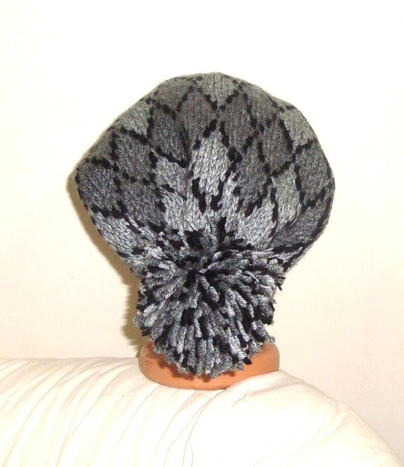 Hand Knit Slouchy Beanie: Argyle Hat, Gray Black Wool Blend Winter Outfit image 4