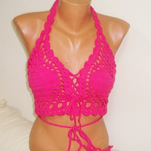 Crochet Halter Top: Fuchsia Pink Heart, Festival Style