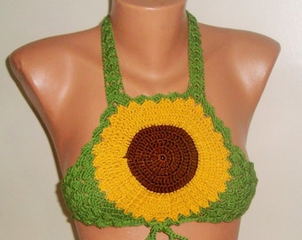 Crochet Sunflower Crop Top: Women Festival Bra Top, Microfiber Acrylic