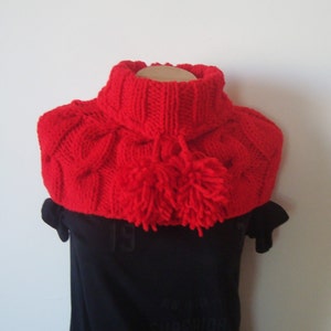 Hand Knit Red Cowl Scarf: Women&#39;s Turtleneck with Pompoms