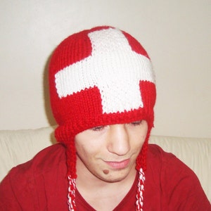 Switzerland Swiss Flag Hat Winter Men Women Hat Hand Knit in Red, White Cross, Winter Accessories, Swiss Gifts