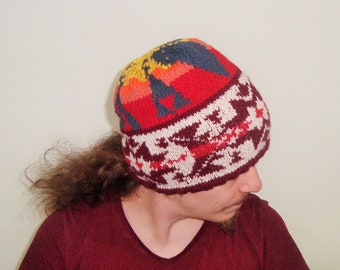 Hand knit hat traditional ethnic rug patterns motifs christmas gift for men women in green, red, yellow, burgundy beanie