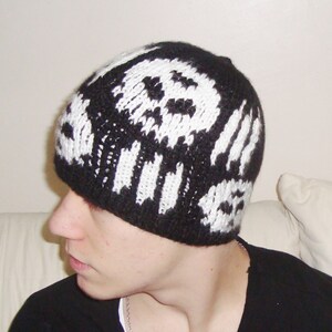 Hand Knit Skull Beanie: Black and White Acrylic Rock Hat