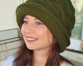 Womens Hats winter woman hats with brim winter, hand knit hats, Cloche with brims forest green gift for women small to big heads knitted