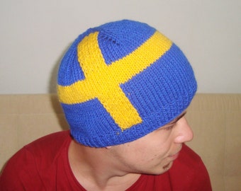 Swedish Flag - Sweden Flag - Blue With Yellow Cross - Swedish Gifts For Women's Men's Beanie Beret Winter Hat - Sweden Gifts - Hand Knit