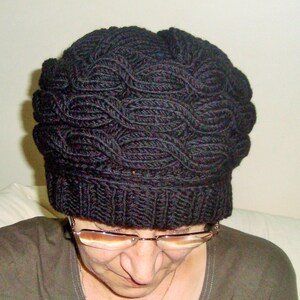 Black, wool hat women extra large hand knitted cable knit winter hat image 3