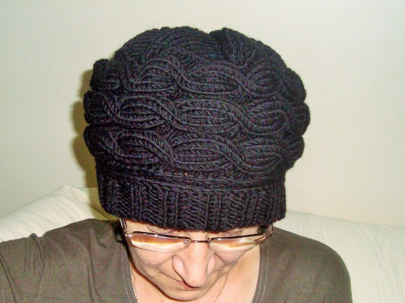 Black, wool hat women extra large hand knitted cable knit winter hat image 3