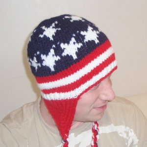 hand knit hats ear flaps men women kids baby family winter blue red white stripes and stars american Flag gifts hats image 4